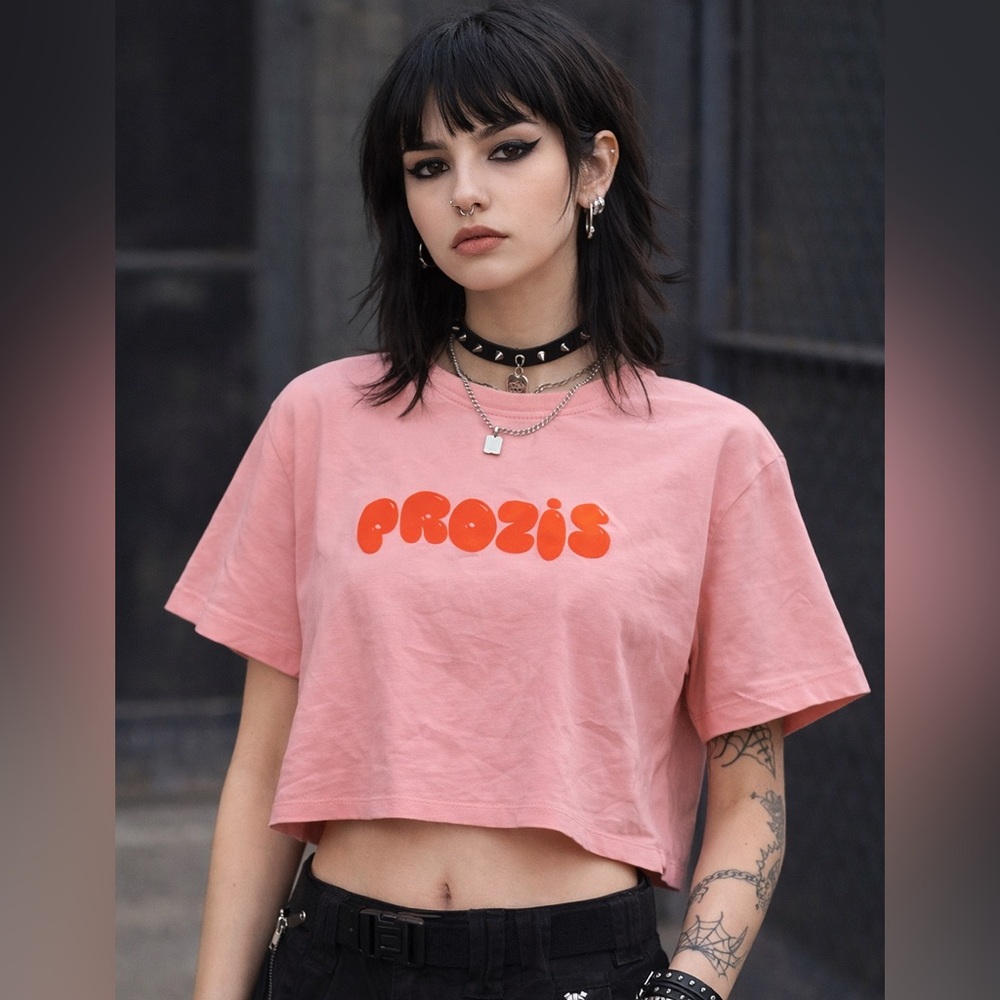 Prozis Cropped T-Shirt Pink Coral Bubble Logo Graphic Tee Women’s Size M